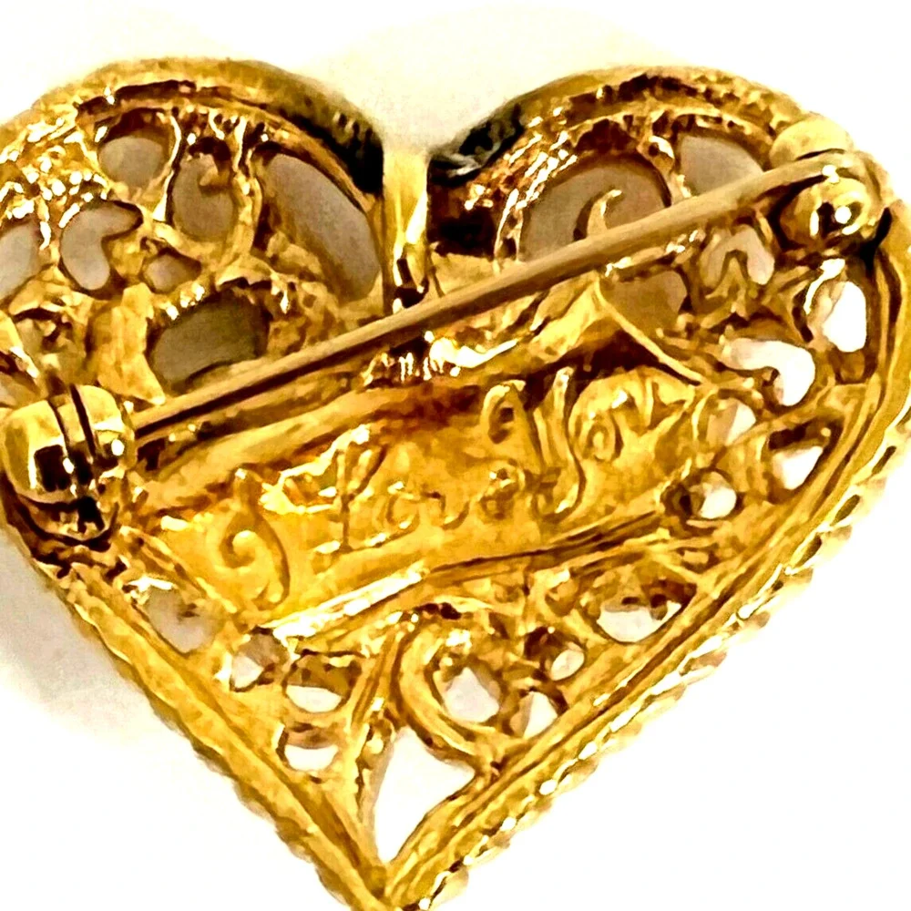 Heart Brooch Enameled Gold Tone with Rhinestone Center Engraved I Love You